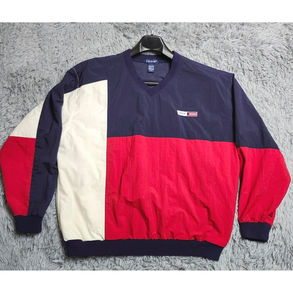Vintage 90s IZOD Windbreaker Mens Large Blue Red White Colorblock Nylon Pullover